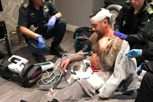 Pictures show Darren Selway after he was attacked by crowbar-wielding thieves when he and his wife Ashley tried to stop them stealing tools from his Ford Transit. Picture: Ashley Selway