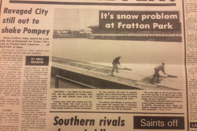 Fratton Park covered in snow the day before Exeter's visit in February 1983 - from The News