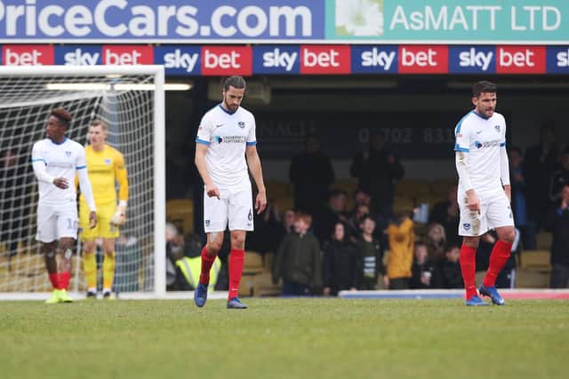 Pompey dejected after conceding at Southend. Picture: Joe Pepler