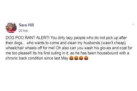 The message Sara Hill posted to Facebook after her husband, Jeff, was splattered by dog poo which had not been cleaned up