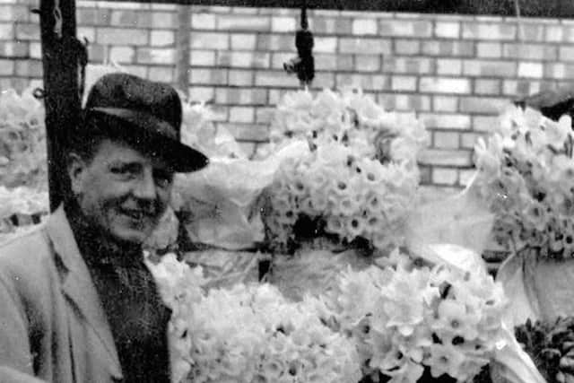 George Edward Clark at his flower stall in Charlotte Street, Portsmouth.