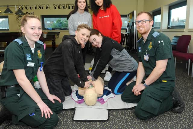 Active Leader students learn how to carryout CPR
(back l-r) Caitlyn Bryan (15) and Shazia Dongola (15) with (front l-r) student paramedic Emma House, Zachery France (13), Elise Taylor (13) and Darren McFarlane, student paramedic.
Picture: Sarah Standing (190219-9675)