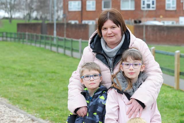 Hayley Shannon, 30, with her children Rhys Jacobs, seven, and Grace Jacobs, eight, who were in the adventure playground when the incident happened.
Picture: Sarah Standing (210219-1668)