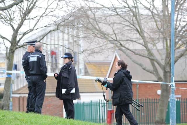 Police in Stamshaw Park after the stabbing 
Picture: Sarah Standing (210219-1682)
