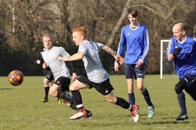 Jameson Arms (grey) beat Shelford Rovers 6-2 at Farlington in Portsmouth Sunday League division five. Jameson have been crowned champions with 14 wins from 14 games. Picture: Kevin Shipp