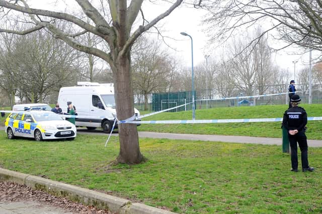 Police at the scene of the stabbing this afternoon. Picture: Sarah Standing (210219-9850)