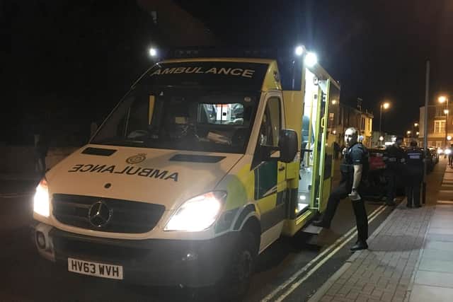 Photos show the aftermath of an attack on a cyclist carried out by moped-riding cousins Matheus and Vinicius Dos-Anjos. It happened on September 21, 2017, in Fawcett Road and Lawrence Road. Pictures show the aftermath in Lawrence Road, Southsea, Portsmouth. Paramedics on scene as police talk to witnesses.