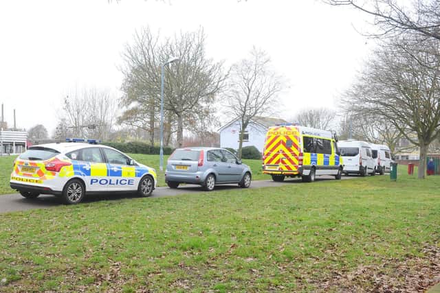 A police officer was stabbed in the back at Stamshaw Park near Newcomen Road in Portsmouth, on Thursday, February 21 at 12.15pm. Pictured is: The scene at Stamshaw Park on Friday, February 22. Picture: Sarah Standing (220219-9931)