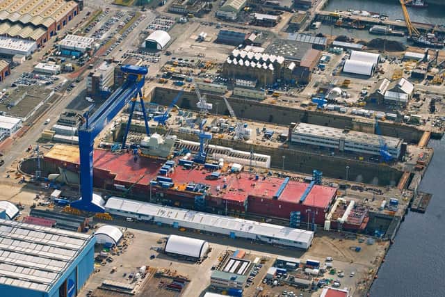 Construction work continues on HMS Queen Elizabeth at the dry dock in Rosyth, Scotland. Picture: Ken Whitcombe