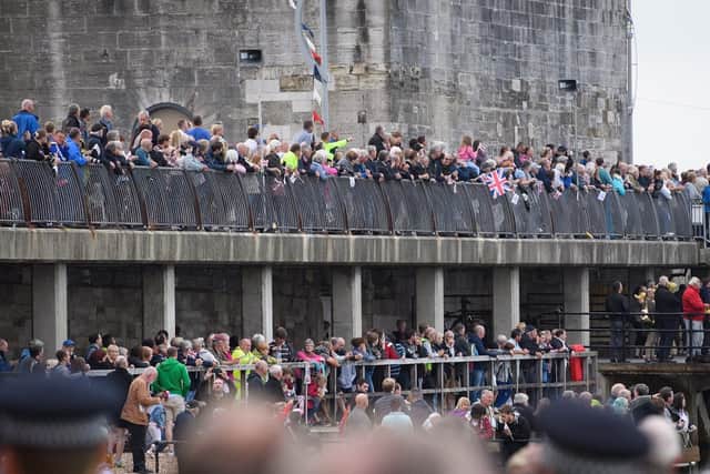 Huge crowds gathered across the city to welcome HMS Queen Elizabeth as she arrived in Portsmouth for the first time on August 16, 2017. Picture: Leon Neal/Getty Images