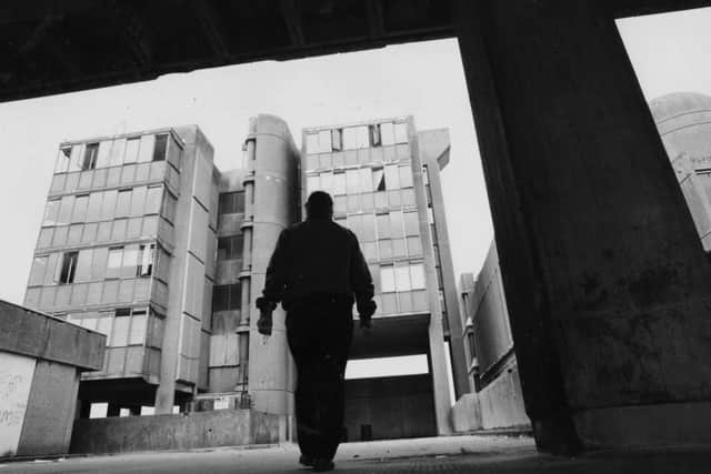 The old derelict flats above the Tricorn in January 1995