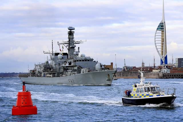 Pictured is HMS St Albans (F83) as she sailed from her home port of Portsmouth. She is now heading to Scotland for more training after a series of exercises in the Atlantic. Photo: Royal Navy