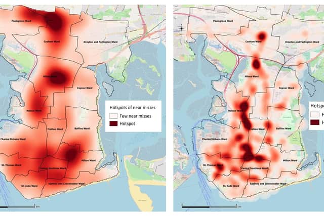 One map shows where near-misses involving cyclists have taken place, the other shows where collisions have happened. Picture: Portsmouth City Council
