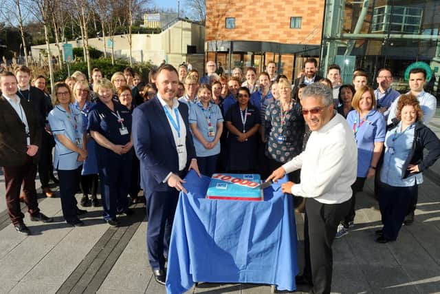 Queen Alexandra Hospital in Cosham is celebrating 10 years of medical research and the milestone of 10,000 patients involved in clinical trials in the last year. Pictured is Mark Cubbon, chief executive of Portsmouth Hospitals NHS Trust at QA and Anoop Chauhan, director of research with some of the team.
Picture: Sarah Standing (250219-1)