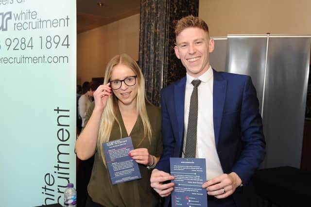 Portsmouth Guildhall is holding a Jobs Fair on February 27 
Pictured:  Melania Helj with Emily Christmas and Ben Hanvey of White Recruitment.
Picture: Habibur Rahman