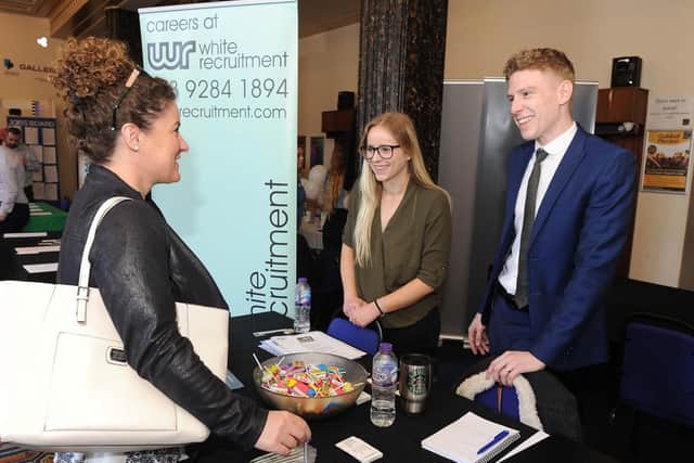 Portsmouth Guildhall is holding a Jobs Fair on February 27 
Pictured:  Melania Helj with Emily Christmas and Ben Hanvey of White Recruitment.
Picture: Habibur Rahman