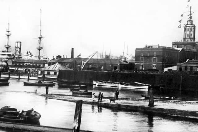 The original HMS Renown at South Railway Jetty.  It could be an almost unchanged scene although HMS Warrior 1860 is now parked across blocking this view.