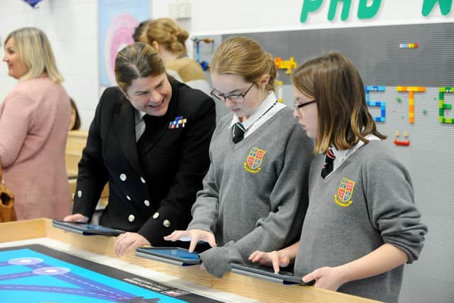 From left, Julia Warren from HMS Sultan with Abigail Knight, 11, and Chantelle Peters, 11, both from Brune Park School.
Picture: Sarah Standing (010319-1994)