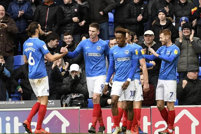 Pompey celebrate Tom Naylor's goal against Bradford