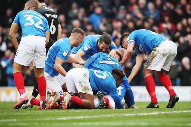 Pompey celebrate a goal against Bradford