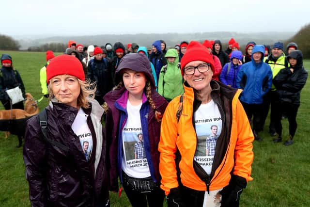 The walkers about to set off, with front left to right, Karen Bone, Matt's mother; Katie Bone, sister; and Mike Bone, father, on the March for Matt, Portsdown Hill.                   Picture: Chris Moorhouse       (030319-4)