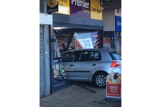 A Volkswagen Golf crashed into the Premier convenience shop in Highlands Road, Fareham, this morning
Picture: Dave's Family Butchers
