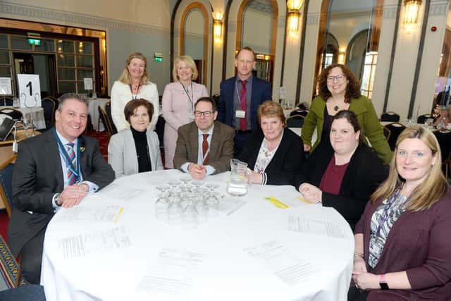Jo Peach, director of Portsmouth Teaching School Alliance, Janet Pearce, HMI Ofsted, Mike Stoneman, deputy director, education and Cllr Suzy Horton, cabinet member for education, with (front l-r) David Jeapes, headteacher at Mayfield School, Sara Spivey, headteacher at Springfield School, James Humphries, University of Chichester Academy Trust, Roberta Kirby, headteacher at Fernhurst Junior School, Caroline Kirby-Hawkins, interim headteacher at Wimborne Infant School and Corina Jacobs, headteacher at Wimborne Junior School.
Picture: Sarah Standing (040319-825)