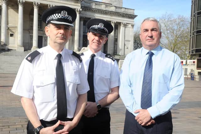Portsmouth police district commander Supt Steve Burridge, Chief Inspector Rob Mitchell and DCI Nick Heelan. Picture: Sarah Standing (040319-808)