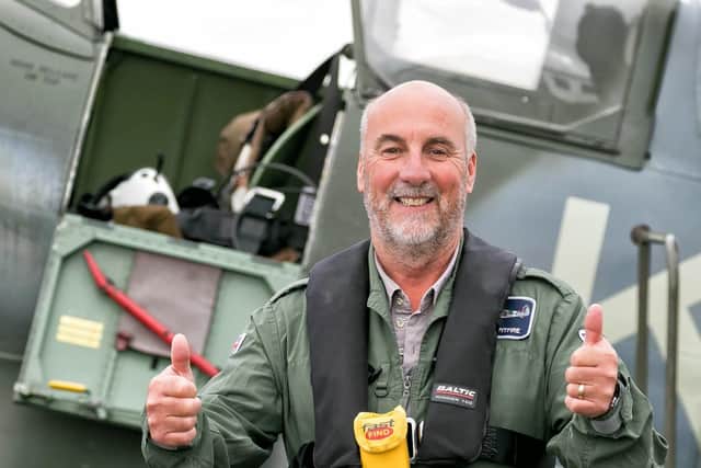 Spitfires over the Solent. Derek gives a thumbs up.
