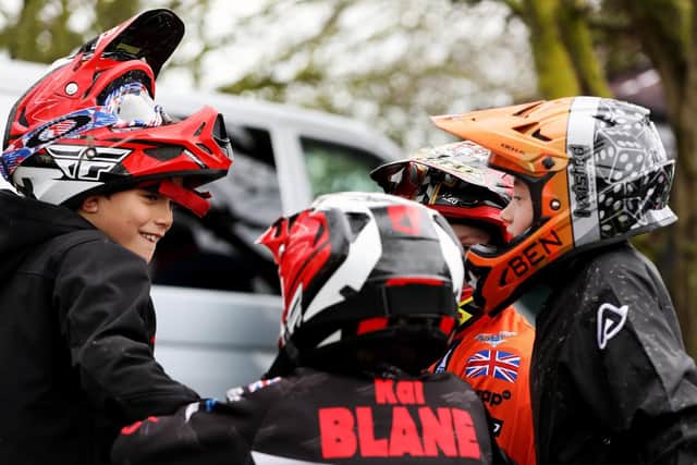 Ane Esslemont (left) and friends before their starts. Round One of the Southern Regional BMX Racing Competition, held in Gosport.