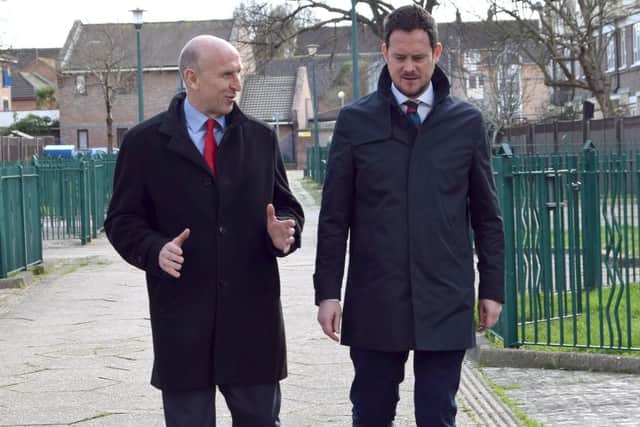 Shadow housing minister John Healey, left, walks towards Leamington House with Portsmouth South MP, Stephen Morgan, during a trip to Leamington House as part of a visit to the city. Photo: Tom Cotterill