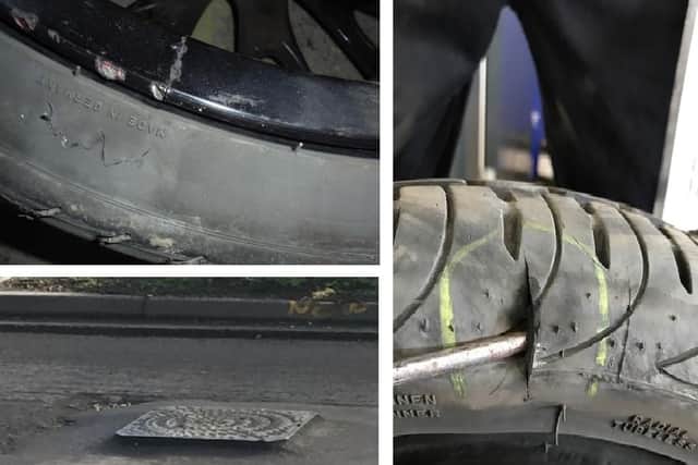 Left, Sharon Lewis' cracked wheel and her picture of one of the raised ironworks and right, Tony Storey's split tyre
