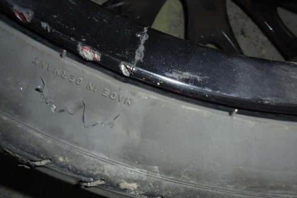 The damage to one of the wheels of Sharon Lewis' Mini Cooper