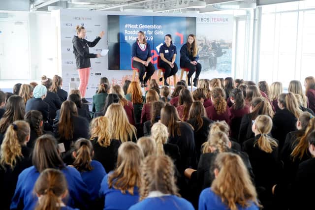 120 girls from schools around Hampshire took part in activities promoting science at the INEOS TEAM UK base 
Picture: Sarah Standing (080319-1432)