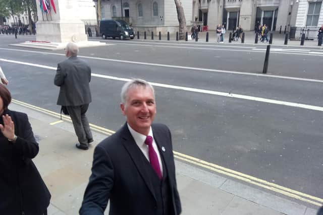 Hampshire Headteacher, Tony Markham, leaving Downing Street after submitting the head teachers petition for fairer funding.