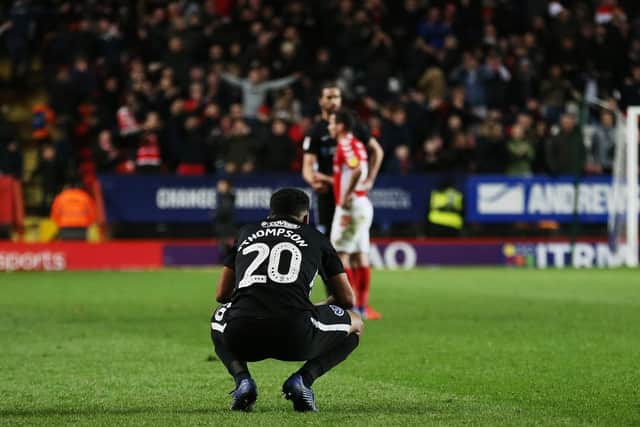 Nathan Thompson tries to take in a 2-1 defeat at Charlton this evening. Picture: Joe Pepler