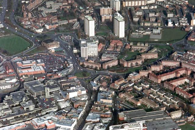 Commercial Road Portsmouth - Tricorn, Pitt Street and old RN Stadium to the left. Picture: (2554-23)