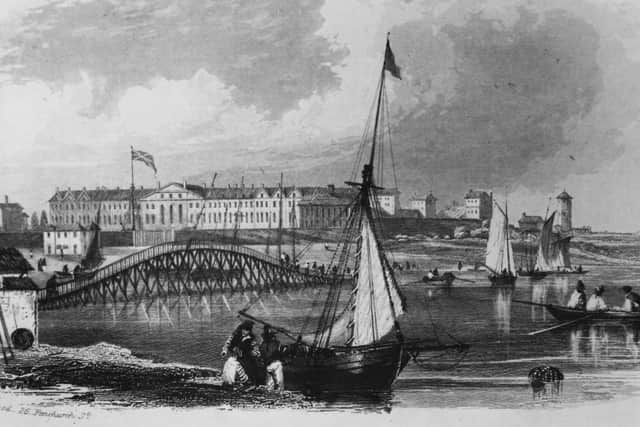 A boat moored across the water from the military Royal Hospital Haslar, Gosport, Hampshire, circa 1840. Engraving by J & F Harwood. (Photo by Hulton Archive/Getty Images)
