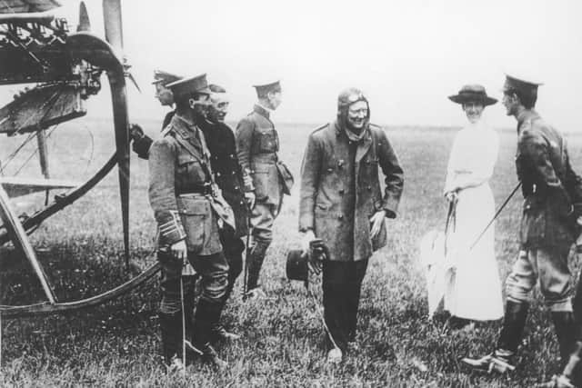 First Lord of the Admiralty Winston Churchill (1874 - 1965) at an airfield near Portsmouth after a flight from Upavon in an army biplane, 1915. (Photo by Hulton Archive/Getty Images)