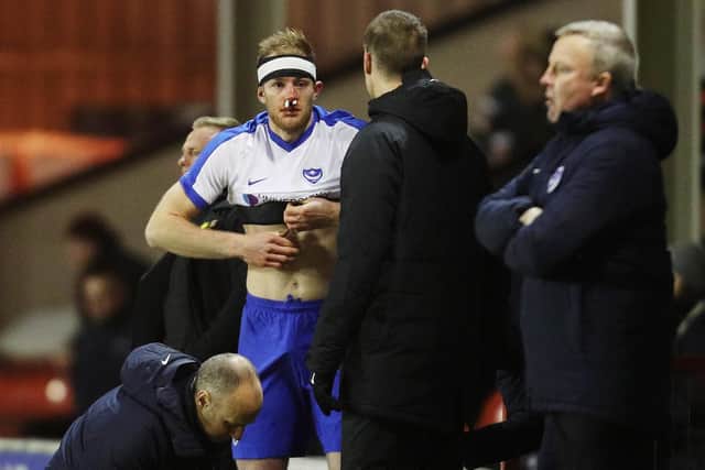 Battling Matt Clarke once again suffered a facial injury, this time in the midweek victory at Walsall. Picture: Joe Pepler