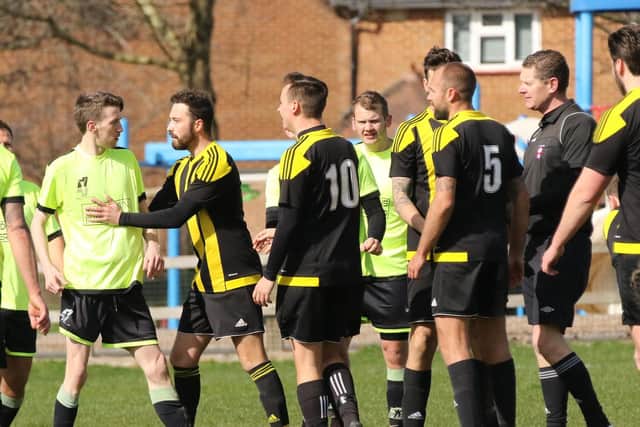 AFC Southdowns and Broad Oak players argue before a Southdowns player was sent off. Picture: Kevin Shipp
