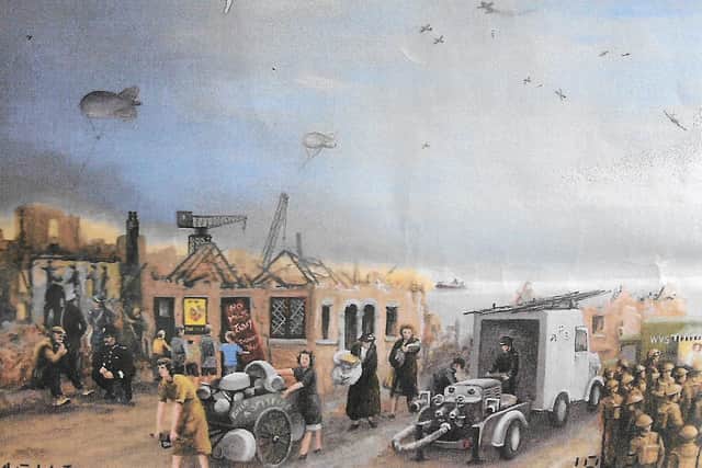 Part two of four of Richard Ashworth's blitz scenes with the crane in Portsmouth Dockyard while dogfights happen in the skies above.