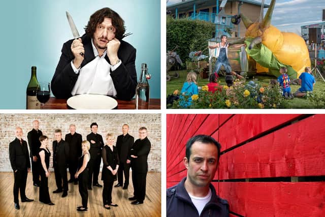(Clockwise from top left): Jay Rayner, Pif-Paf Theatre, Jason Rebello and The Cardinall's Musick will be at Portsmouth Festivities this year