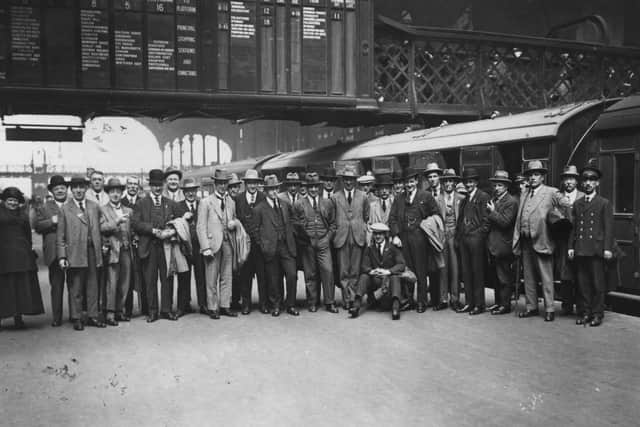 June 1924:  Portsmouth FC at Liverpool Strret Station, London, ready to leave for Copenhagen, Denmark.  (Photo by Topical Press Agency/Getty Images)