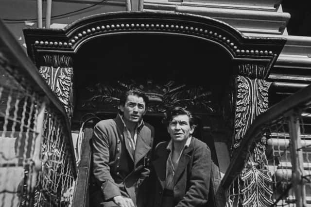 Actors Gregory Peck (left) as 'Captain Hornblower' and Robert Beatty as Bush pictured aboard the HMS Victory during the filming of 'Hornblower', Portsmouth, England, 1951. (Photo by George Konig/Keystone Features/Getty Images)