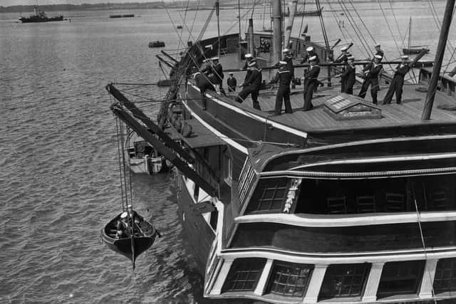 20th August 1936:  Sea Cadets receiving instruction in boat drill on board the training ship 'Foudroyant' in Portsmouth harbour.  (Photo by E. Dean/Topical Press Agency/Getty Images)