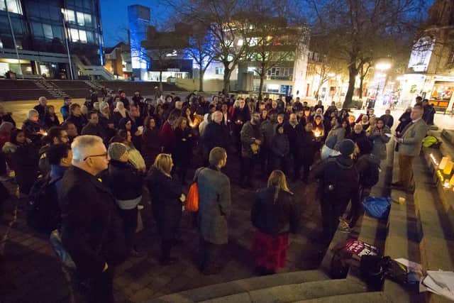 Crowds listen as the vigil for Christchurch, New Zealand gets underway at Portsmouth Guildhall. Picture: Habibur Rahman