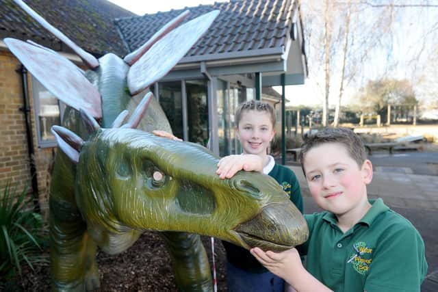 Ruby Ogden (10) and Arthur Harris (7) in the Jurassic Garden.

Picture: Sarah Standing (150219-9323)