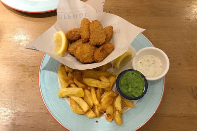 The wholetail scampi, chips and mushy peas - served with tartare sauce and lemon