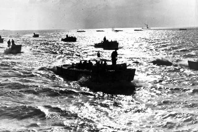 A Royal Marine flotilla of landing craft assault  forming up in the channel on the night of the 5th June 1944